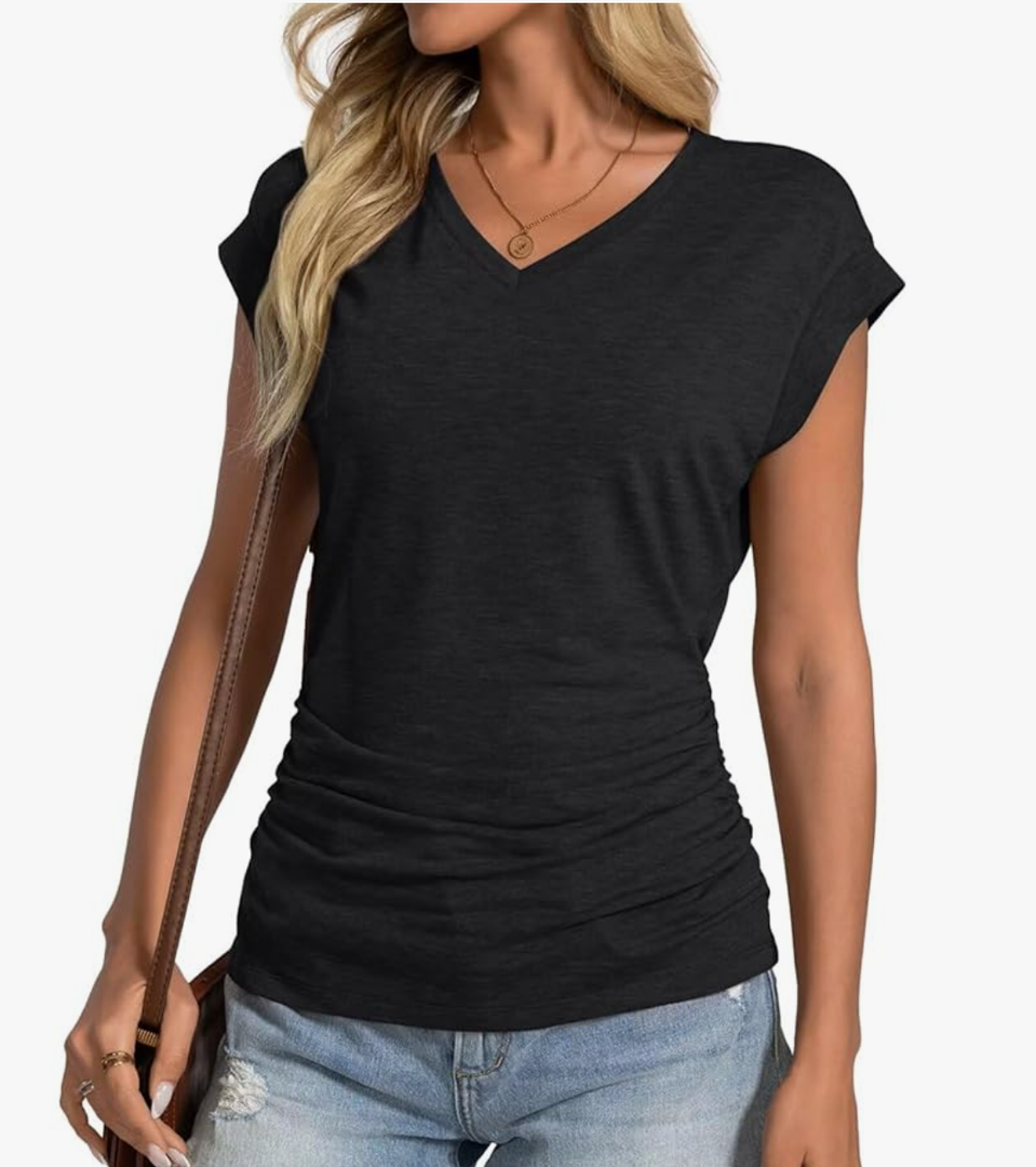 Womens Summer Cap Sleeve Ruched Tops V Neck T Shirts Casual Short Sleeve Shirts Loose Fit Spring Outfit 2025 M