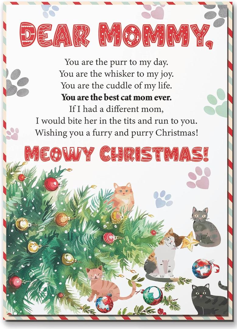 Christmas Card for Cat Mom Owners Lovers, Christmas Greeting Card from Cat with Envelope and Seal, Funny Cat Christmas Card, Meowy Christmas Gift for Cat Mom