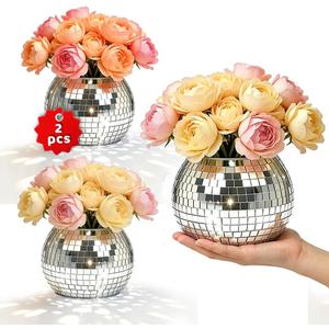 2 Pcs Disco Ball Vases,6" X 6.7" Disco Ball Centerpieces Decor,Silver Mirror Plastic Vase Disco Ball Planter for Wedding,Birthday,Office Table Decorations