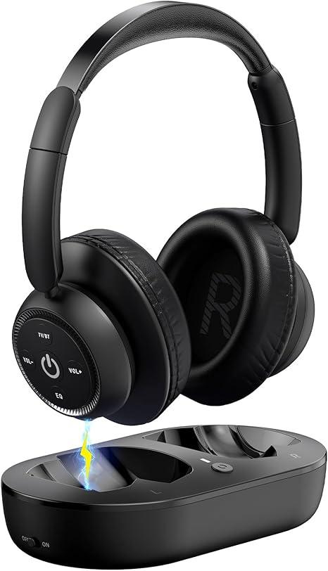 ZUPVIY Wireless Headphones for TV Watching, TV Headphones Wireless for Seniors with Transmitter Charging Base, Support Optical,AUX,RCA and USB, High Volume No Audio Delay, Plug and Play, Black