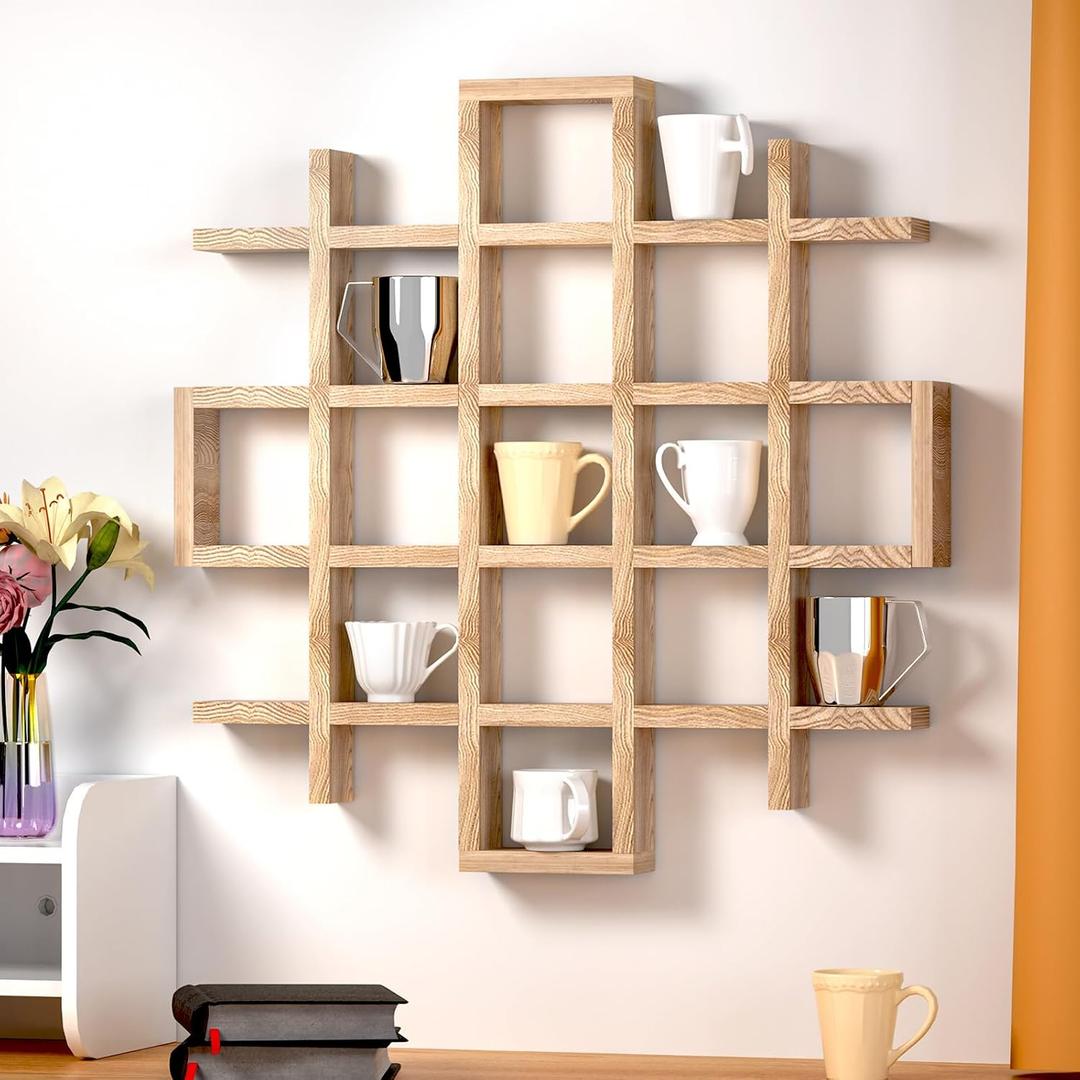 Suzile Oversize Coffee Mug Display Rack Wooden Display Shelves Rustic Wooden Floating Curio Shelf Travel Wall Mounted Coffee Mug Rack Holder Shadow Box Shelf(5.1x5.1x3in,Wood Color), Grid Size 5.1x5.1x3in
