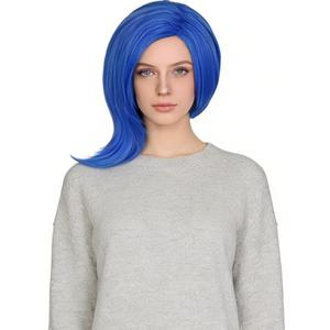 Half and Half Blue Emotion Wig + Glasses + Wig Cap Short Blue Wig Vibrant Blue Side Part Wigs for Halloween Party Costumes