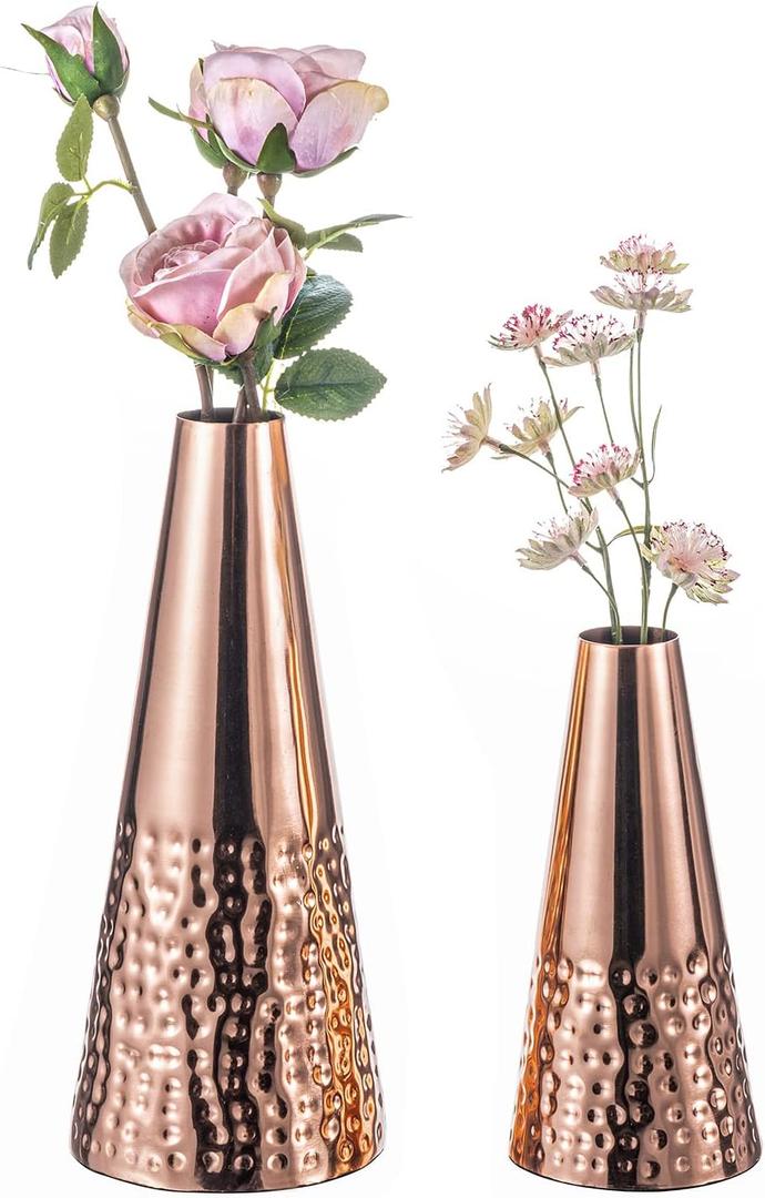 MyGift 7 and 10.5 Inch Copper Tone Metal Tapered Flower Vases with Hammered Pattern, Decorative Vase for Floral Arrangements, 2 Piece Set - Handcrafted in India