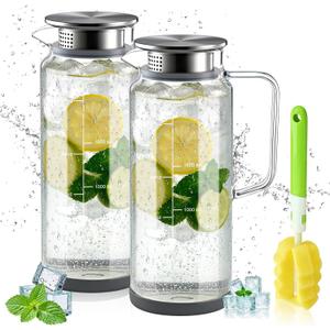 2 Pack Glass Pitchers with Lid and Handle, Large Borosilicate Glass Carafe for Refrigerator 68oz, Heat Resistant Beverage Pitcher for Hot/Iced Tea Juice Milk Coffee with Cleaning Brush & Non-Slip Base (EXP 07/25/26)