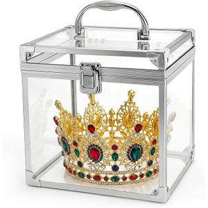 Okllen Crown Boxes for Pageants, Transparent Acrylic Portable Cosmetic Case, Crown Case for Vanity, Bathroom Counter, Dresser, Silver