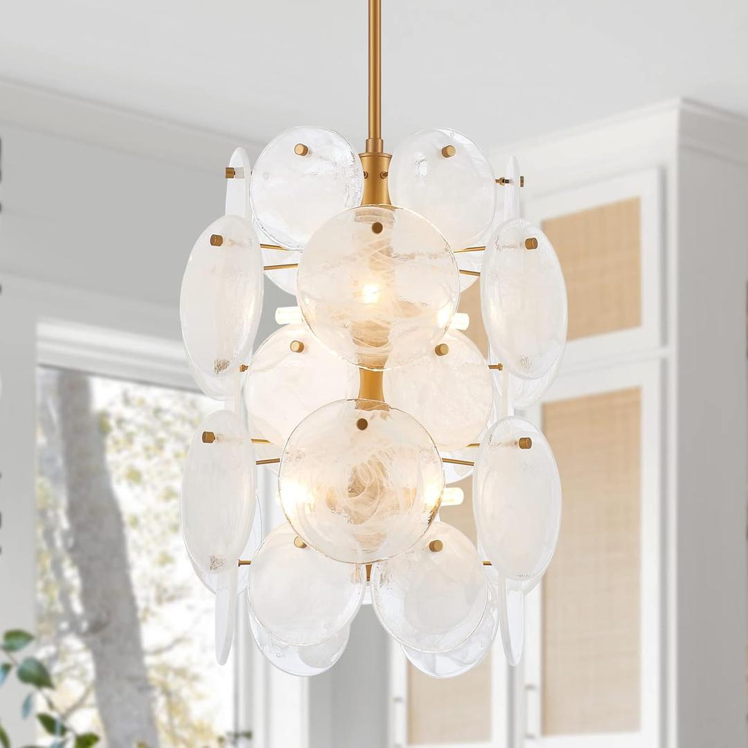 Modern Glass Chandelier for Dining Room, Gold Entryway Chandelier, 6-Light Unique Pendant Light Fixture for Bedroom Hallway Stairway Kitchen
