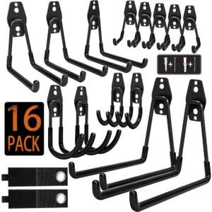 KOFANI Steel Garage Storage Hooks - 16 Pack Anti-Slip Coating, Heavy Duty Wall Mount Hooks for Hanging Bike, Ladder, Garden Tools