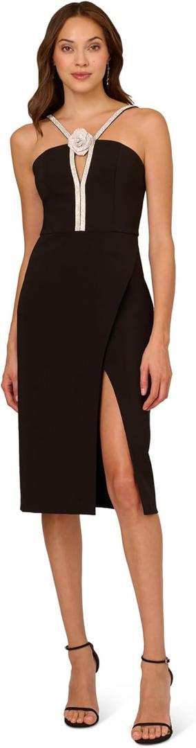 Adrianna Papell Rhinestone Rosette Halter Midi Sheath Dress (Black, 16)