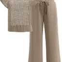 ANRABESS Women Two Piece Outfits Crochet Sheer Knit Sweater Top Wide Leg Pants Lounge Matching Sets Sweatsuit Travel Clothes (Beige, L)