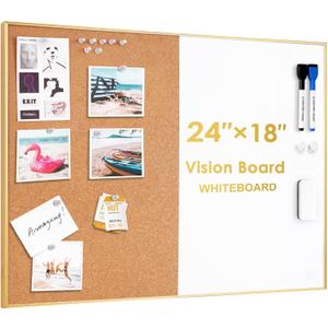 ARCOBIS Cork Board White Board Combo, 24 x 18 Inch Bulletin Board-Gold Frame, Magnetic Dry Erase Board & Corkboard for Wall, Vision Board for Home, Office, School