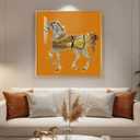 Large Framed Modern Gold and Orange Horse Wall Art, Contemporary Luxury Bright Picture Prints Paintings, Gold Framed Artwork for Hallway Living Room Bedroom and Dining Room Wall Decor, 30x30 Inch