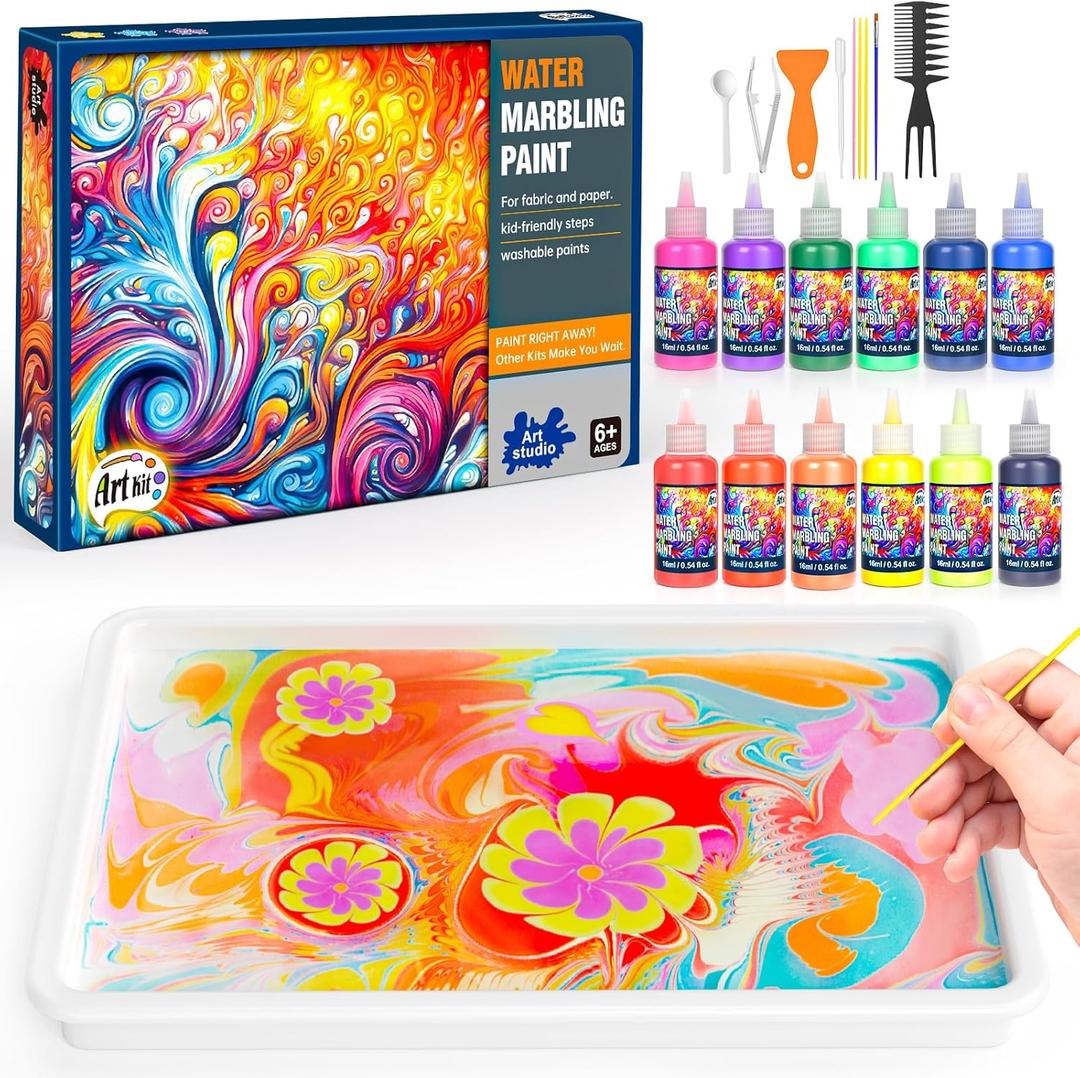 Water Marbling Paint Kit for Kids - Paint Craft Kits 12 Colors Arts and Crafts for Girls & Boys Age 6 7 8 9 10 12 Year Olds Paint Gift Birthday Christmas Thanksgiving Day Activities Toys