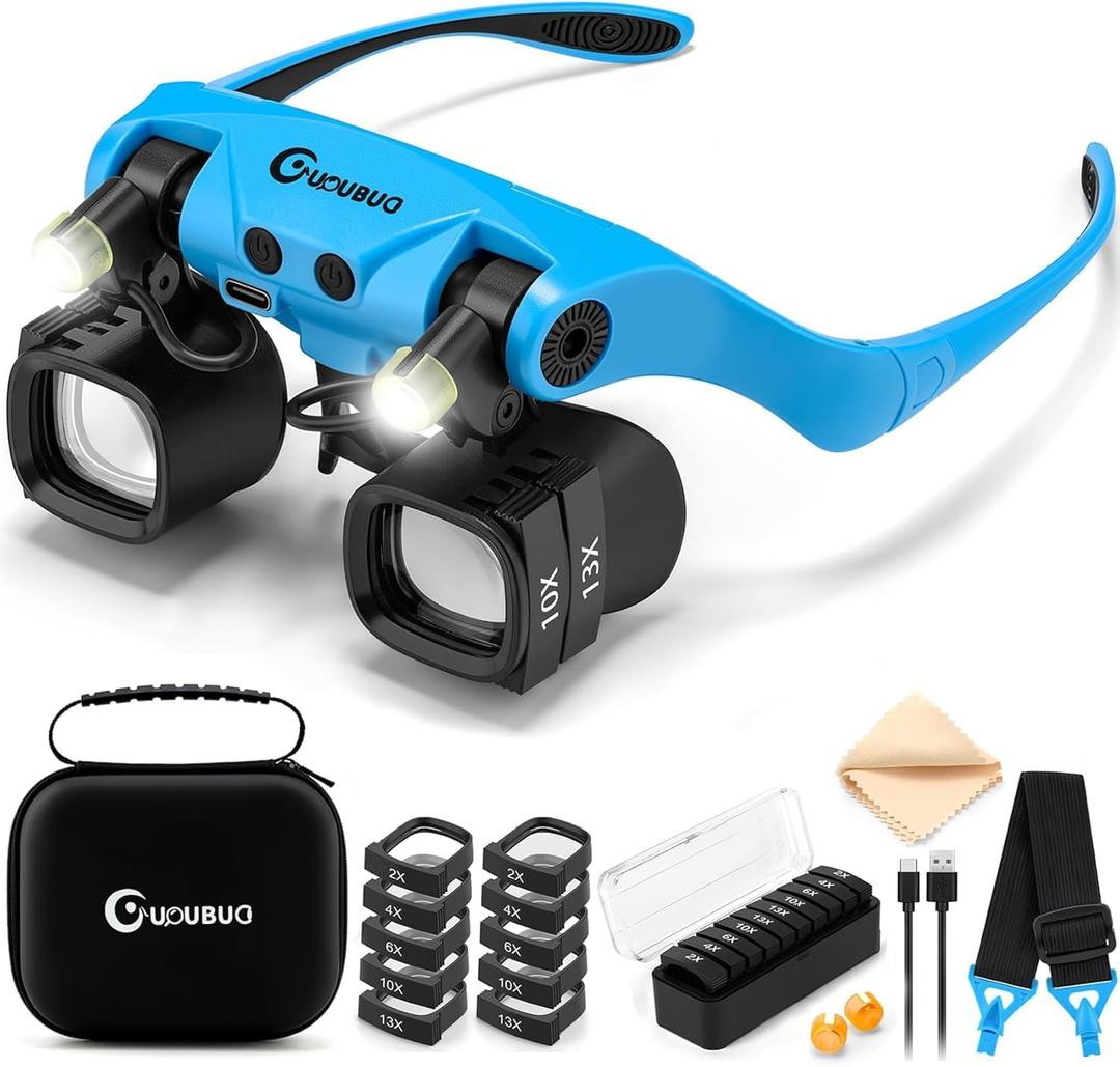 Magnifying Glass with Light, 2X 4X 6X 10X 13X Magnifying Glasses Lens, Switchable Binoculus Loupe w/Storage Case, Rechargeable Head Mount Magnifier for Close Work Watch Repair Crafts Jewelry (Blue)