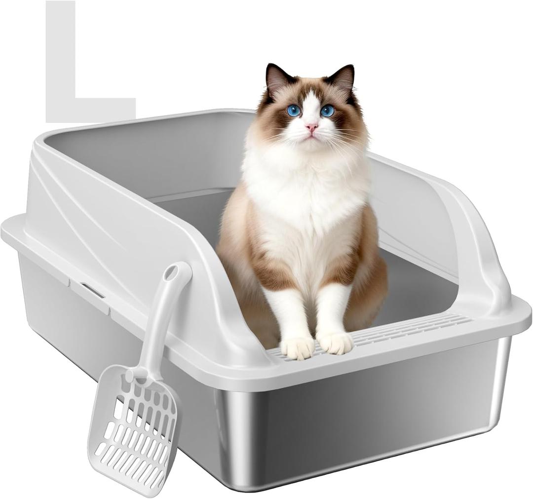 Stainless Steel XL Cat Litter Box for Cats, High-Sided Design Prevents Urine Leakage, Non-Stick, Easy to Clean, Includes Scoop, Gray L
