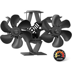 Wood Stove Fan Heat Powered | 12-Blade Non Electric Heat Activated | Cocoon Fan for Fireplace/Pellet/Log Burner with Stove Thermometer | Wood Stove Accessories