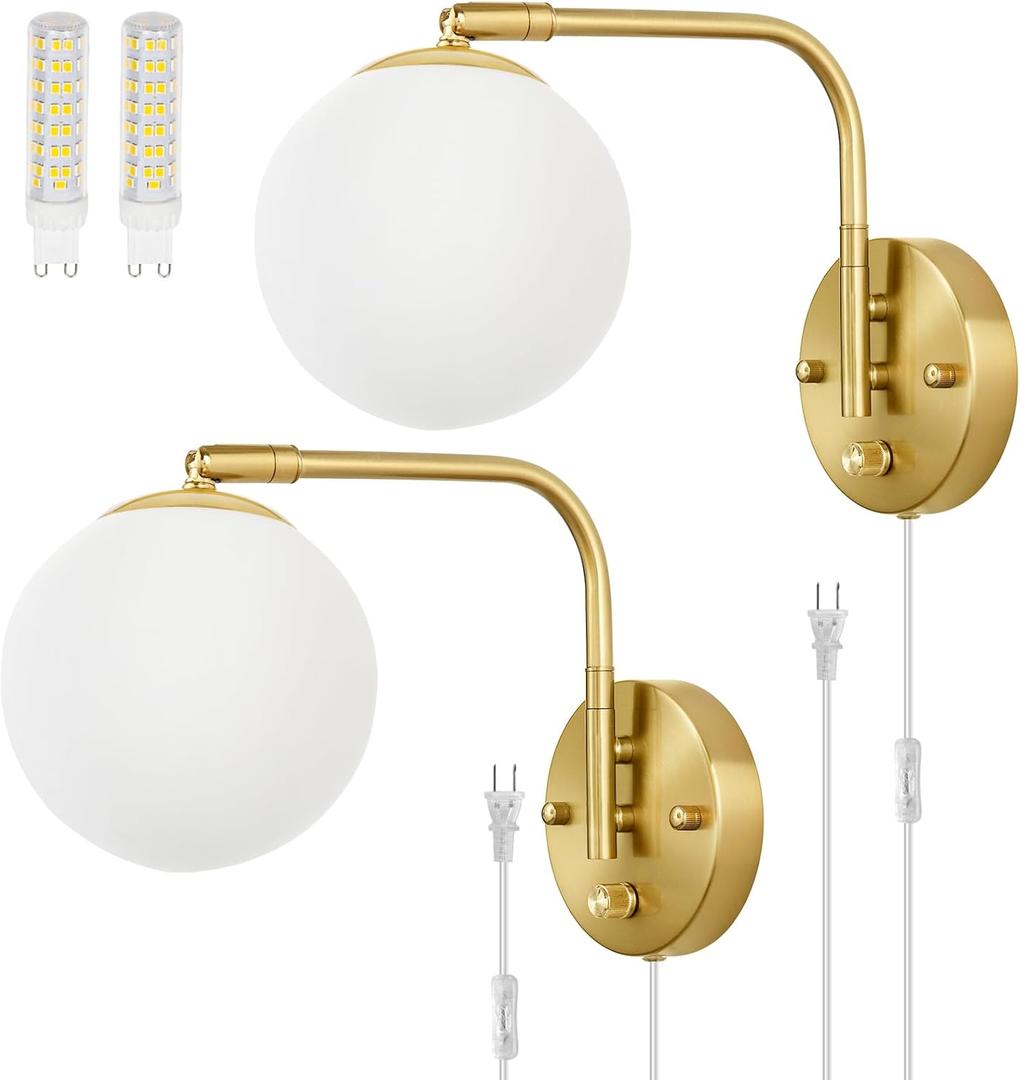 VATONI Dimmable Wall Sconces Plug in, Swing Arm Wall Lights with Plug in Cord and Dimmer On/Off Knob Switch, Dimmable Wall Light with Milky White Glass Globe Shade(2 Bulbs Included)