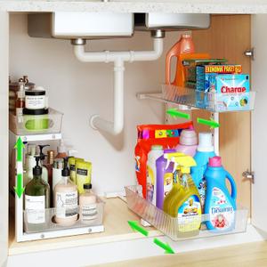 REALINN Under Sink Organizer, Height Adjustable Under Sink Organizers and Storage, 2 Tier Pull Out Drawer Cabinet Storage for Kitchen Bathroom, 2 Pack, Clear REALINN Under Sink Organizer, Height Adjustable Under Sink Organizers and Storage, 2 Tier Pull Out Drawer Cabinet Storage for Kitchen Bathroom, 2 Pack, Clear