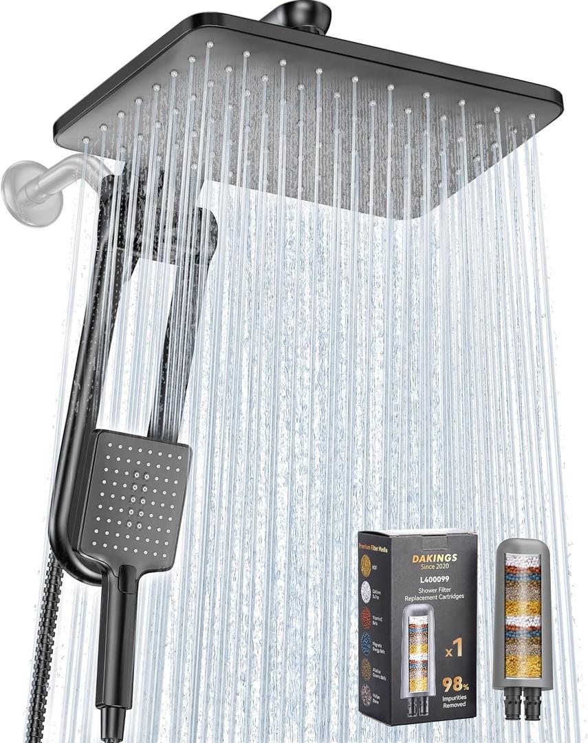 Dual Filtered Rainfall Handheld Shower Head Spray Combo, DAKINGS 7-Mode Shower Head With Handheld Spray Combination, Upgraded 11" High Flow Rain Handheld Spray Combo With Fixed Showerhead, Matte Black