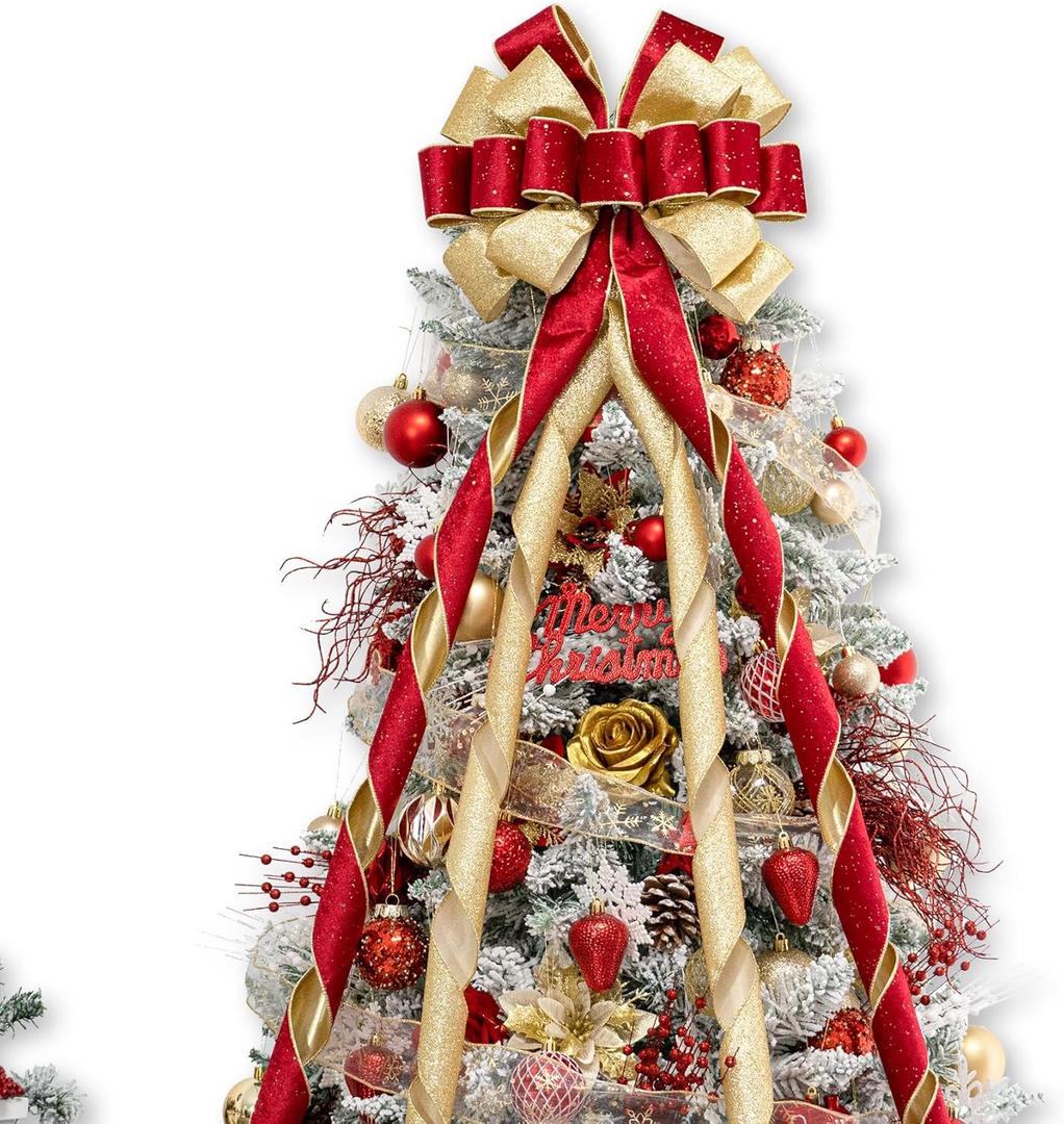 ismir Christmas Tree Topper Bow，53x13 Inches Large Christmas Bow with Glitter Streamer，Decorative Bows for Xmas Tree Wreath Door Festival Home Decor(Red Gold)