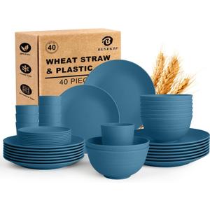 Wheat Straw Dishes Set 40 PCS, Unbreakable Dinnerware Set of 8 - Dinner Plates, Cereal Bowls, Water Cup, Lightweight, Reusable, Microwave & Dishwasher Safe Bowls for Kitchen and Outdoor - Blue