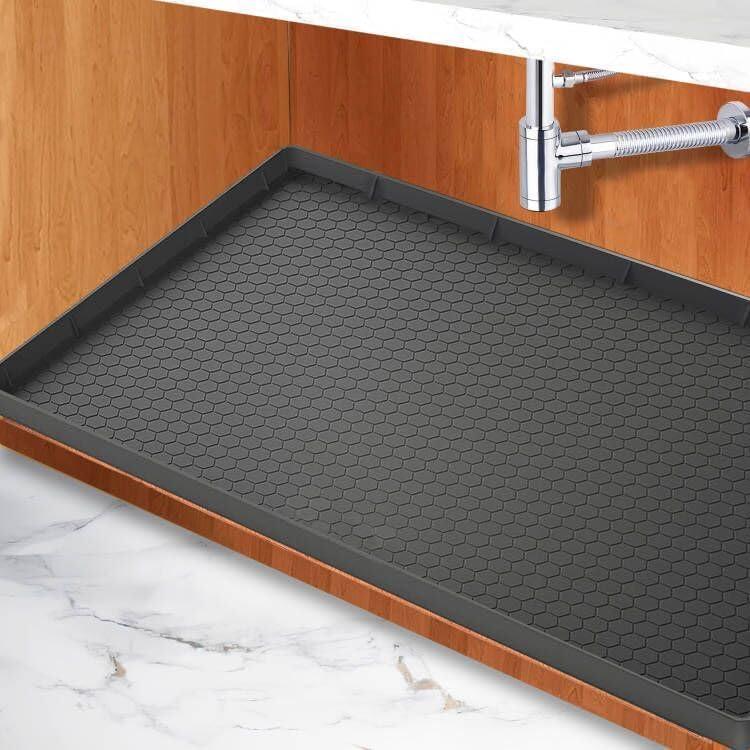Under Kitchen Sink Mat 25" x 19", SAZTEAY Waterproof Silicone Under Sink Tray, Under Sink Protector Mat for Bathroom and Kitchen Cabinets(Black)