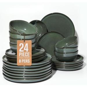 Pokini Stoneware Dinnerware Sets for 8, 24Pcs Ceramic Plates and Bowls Sets