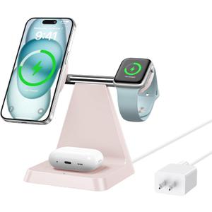 Magnetic Wireless Charger for iPhone - 3 in 1 Charging Station for Multiple Devices Charger Stand for Apple Watch iPhone 16 15 14 13 12 Pro Max (Pink)