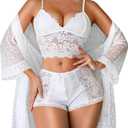 RSLOVE Women Sexy Lingerie Set - 2 Piece Lace Bra and Panty Sets with Mesh Kimono Robe Nightgown Sleepwear White Small