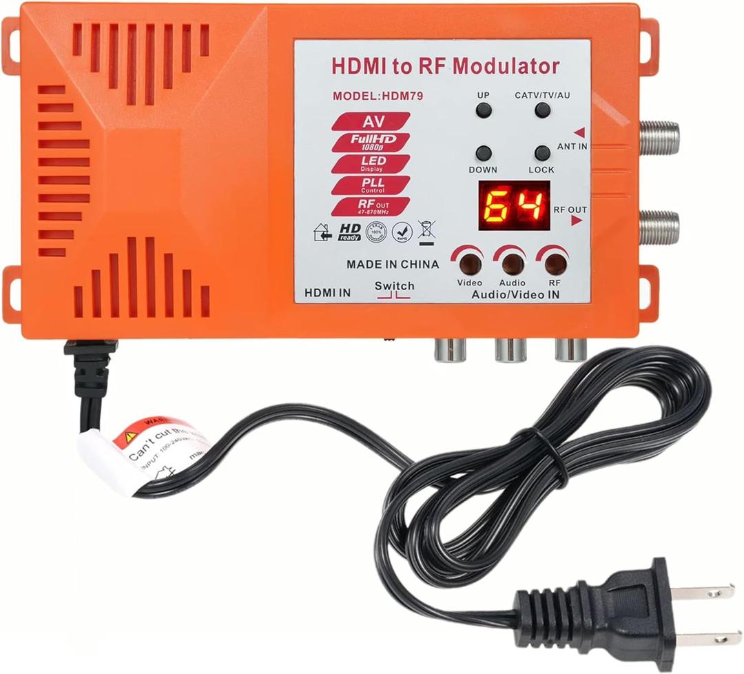 HDMI to RF Modulator, CVBS RCA to Coaxial Adapter, VHF UHF AV HDMI to RF Coaxial Converter with ANT & Channel Switch for TV PAL NTSC Format PS2 PS4 NS Xbox Game Consoles Fire Stick Cube Roku DVR