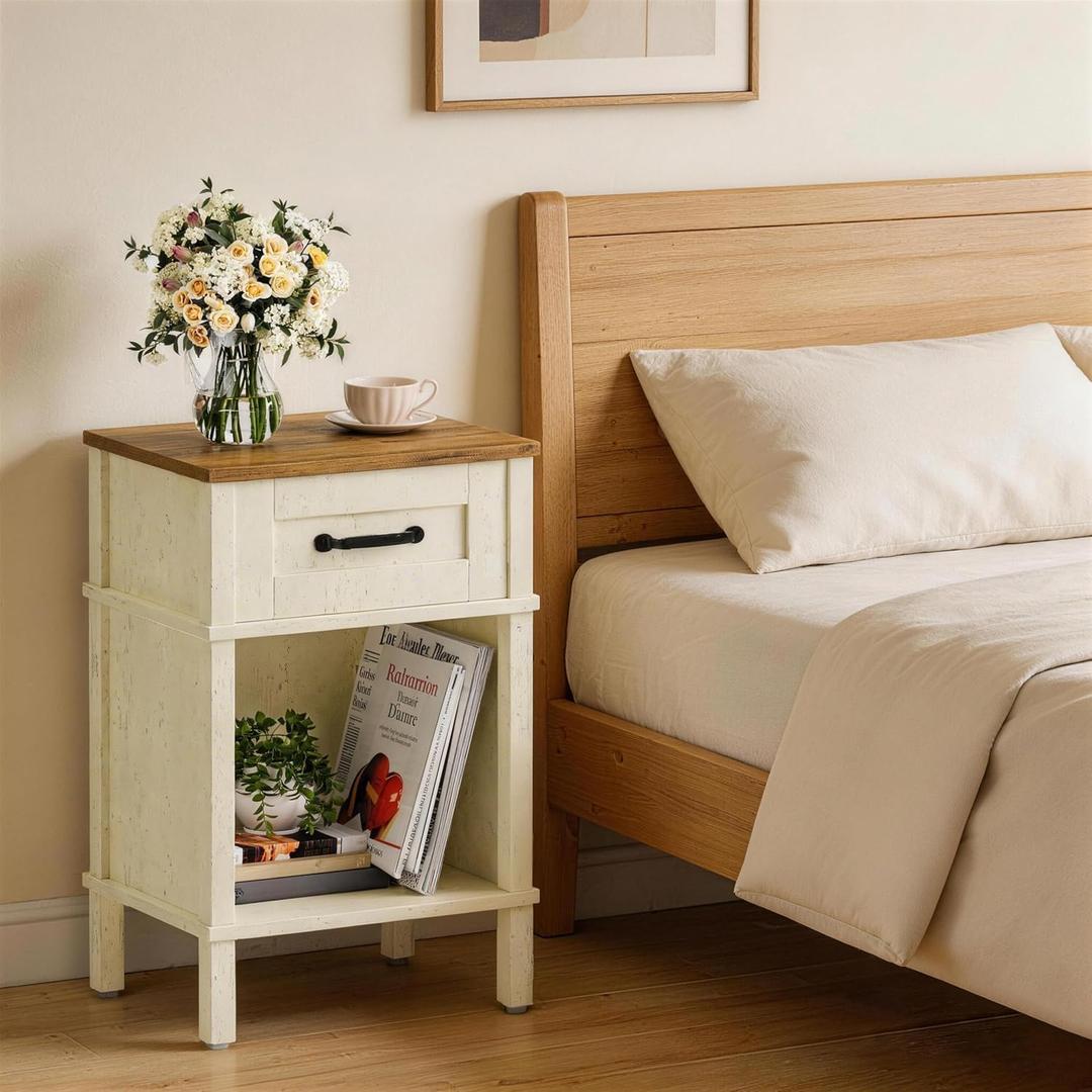 White Farmhouse Nightstand with Drawer, Small Wooden Bedside Table, White End Table, Bedroom Side Table with Storage, Rustic Wood Night Stand LET512WR