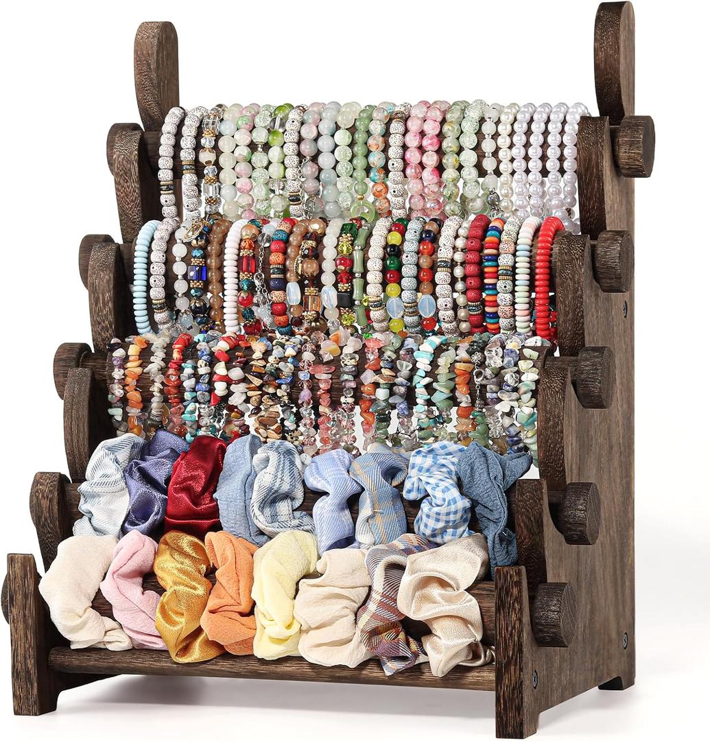 TOPNEW 5 Tier Wooden Bracelet Holder, Scrunchie Bangle Watch Necklace Display Storage Jewelry Holder Stand Display Organizer, Brown