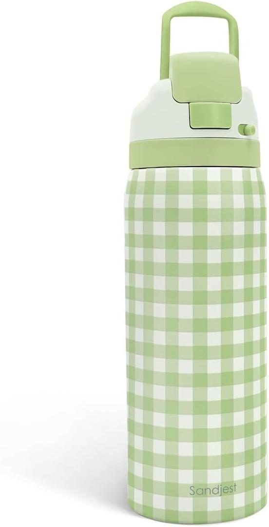 Gingham Pattern Insulated Stainless Steel Water Bottle with Straw, Push-Button Lid, 32 Ounce, Gifts for Women Girls Friends Teens Birthday Christmas (Green)