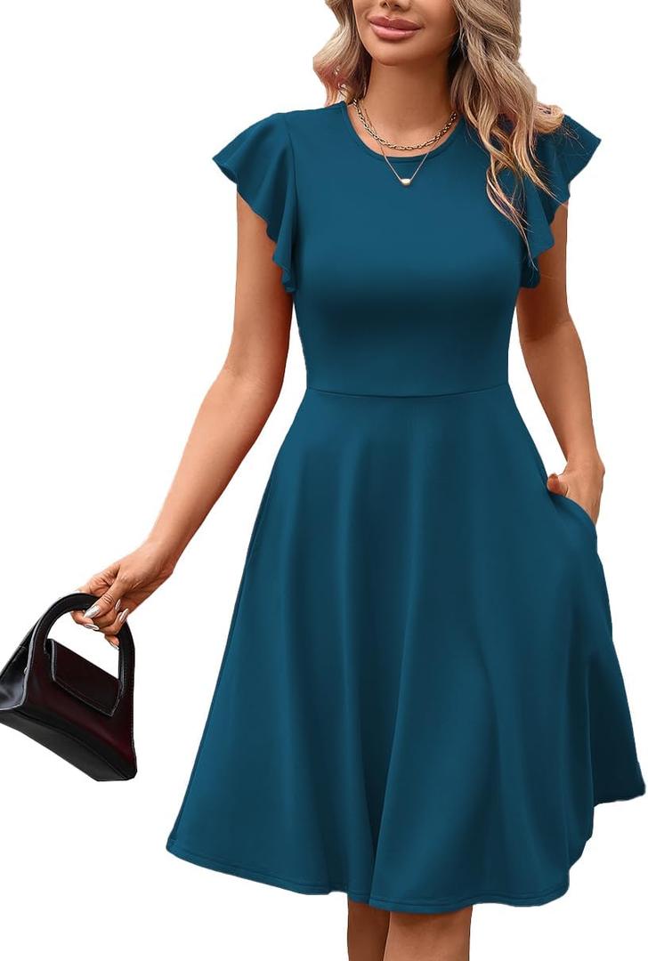 MSLG Women's Fit and Flare Ruffle Short Sleeves Dresses Work V-Back Cocktail Semi Formal A Line Dress with Pockets 842, Medium