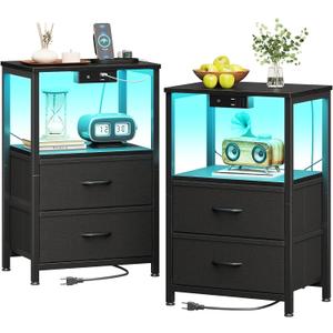 Casaottima Nightstand Set of 2 with Charger Station  USB Ports & Outlet, Bed SideTable with LED Lights, End Table with Fabric Drawers and Open Shelf, Bedside Table Night Stand for Bedroom, Black
