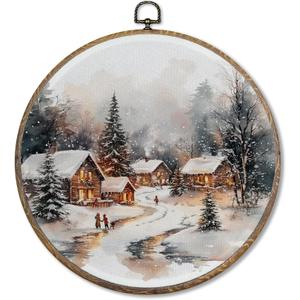 FUGWN Christmas Village Round Wall Art Decor Framed, Rustic Winter Landscape Canvas Artwork Prints, Cozy Winter Christmas Country Wall Hanging Decorations for Home Living Room Bedroom, 10x10 Inch (color-6)