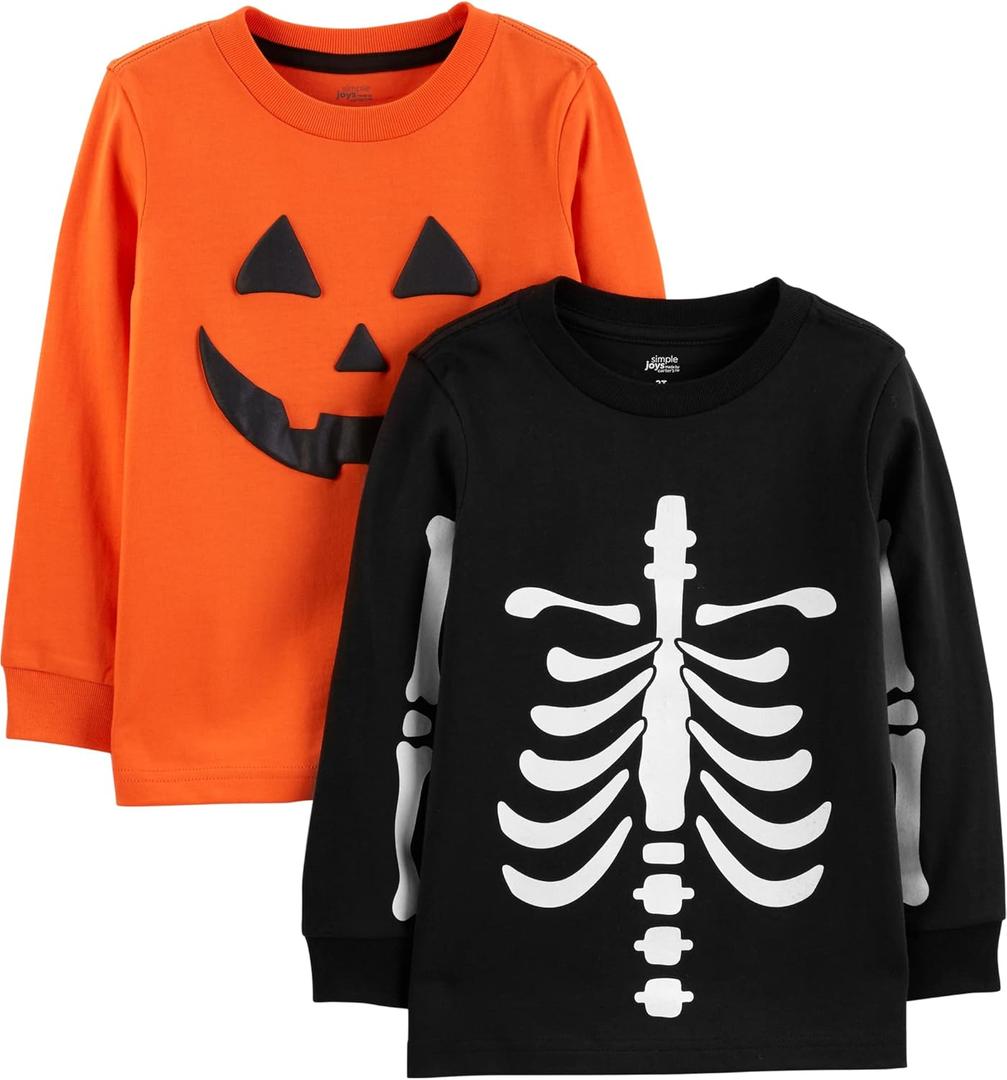 Simple Joys by Carter's Unisex-Baby 2-Pack Holiday Long-Sleeve Tees (3-6 Months, Halloween Pumpkin Print/Skeleton)