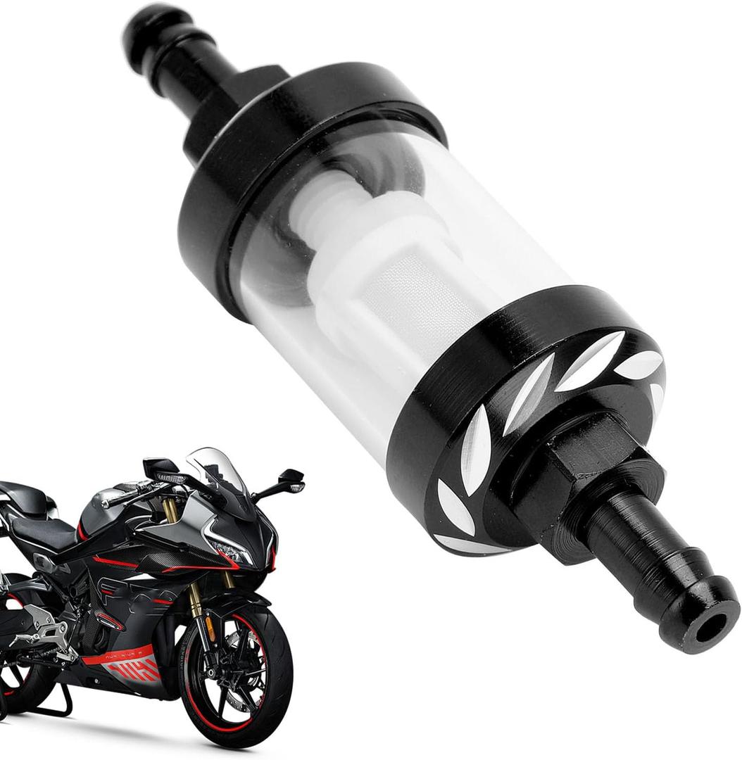 Small Engine Fuel Filter, Inline, Detachable, Metal Glass, 1.1" x 3.46" x 0.31", High Flow, Black, Universal, Modern Style, For Motorcycle, ATV, Dirt Bike