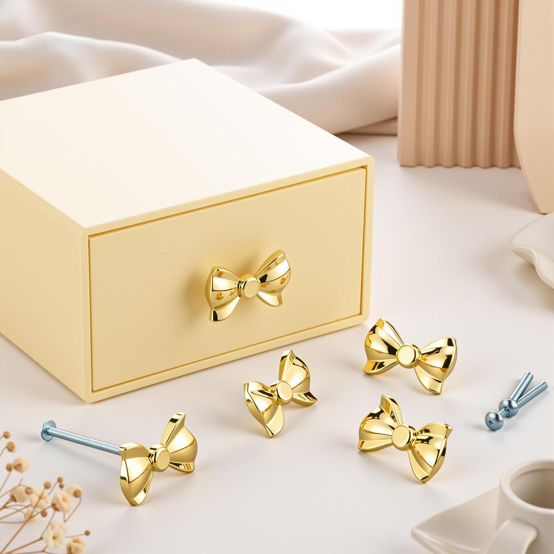 3 x Novabright 6 Pcs Bow Dresser Knobs Gold Brass Bow Drawer Knobs Gold Cabinet Handles Metal Vintage Bowknot Drawer Pulls Decorative for Home Kitchen Dresser Cabinets Hardware Cupboard Door Wardrobe