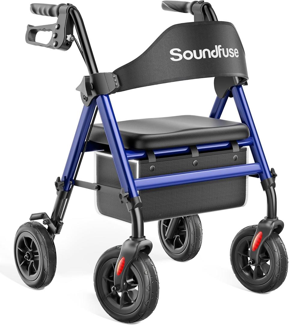 Rollator Walkers for Seniors with Seat, Foldable Lightweight Rolling Walker with 8" Big PU Wheels, Ergonomic Seat, Dual Height Adjustment (Blue)