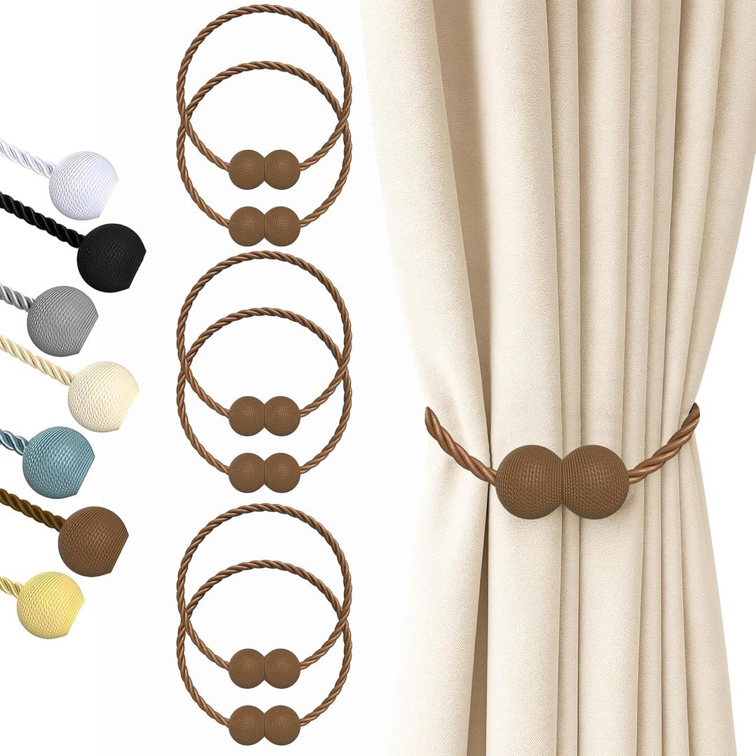 Hion Magnetic Curtain Tiebacks Dark Brown 6 Pack, Curtain Tiebacks Buckles Holdbacks Holders Hooks Clip for Home Bedroom Office Decorative Thick or Thin Curtain