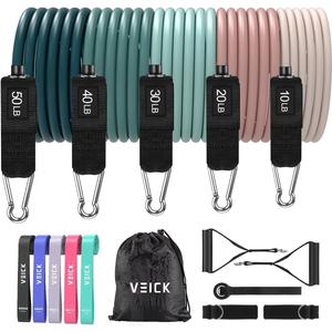 VEICK Resistance Bands, Exercise Bands for Working Out with Handles, Elastic Workout Bands for Men Women, Exercising Bands for Strength Training Equipment at Home Gym (Macaron 150LBS + Loop Bands)