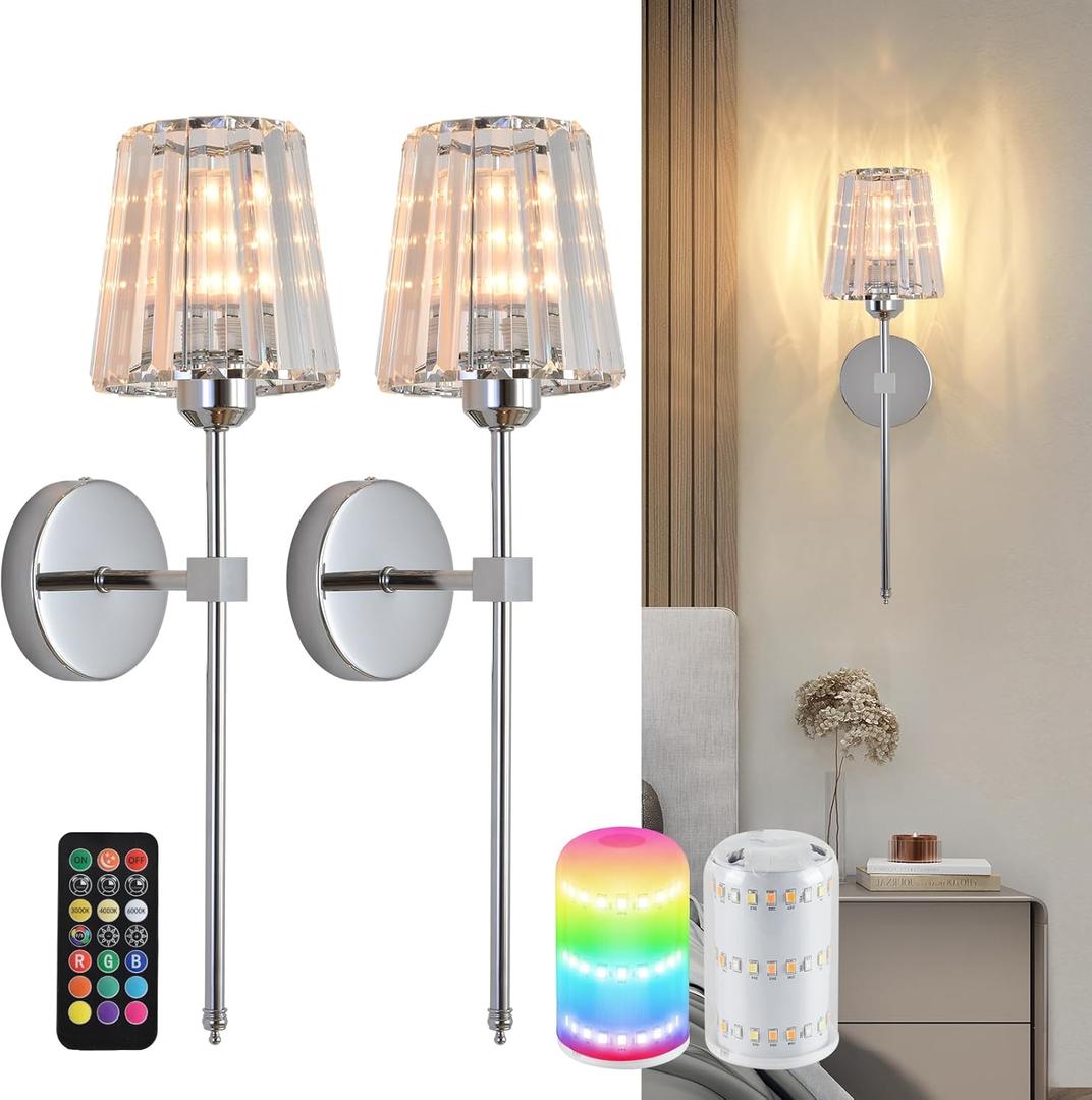 Battery Operated Crystal Wall Sconce Set of 2, Chrome Wireless Wall Sconce with USB Rechargeable LED Light Bulbs 12 Colors Dimmable Crystal Wall Lamp with Remote for Bedroom Living Room Bulbs Included