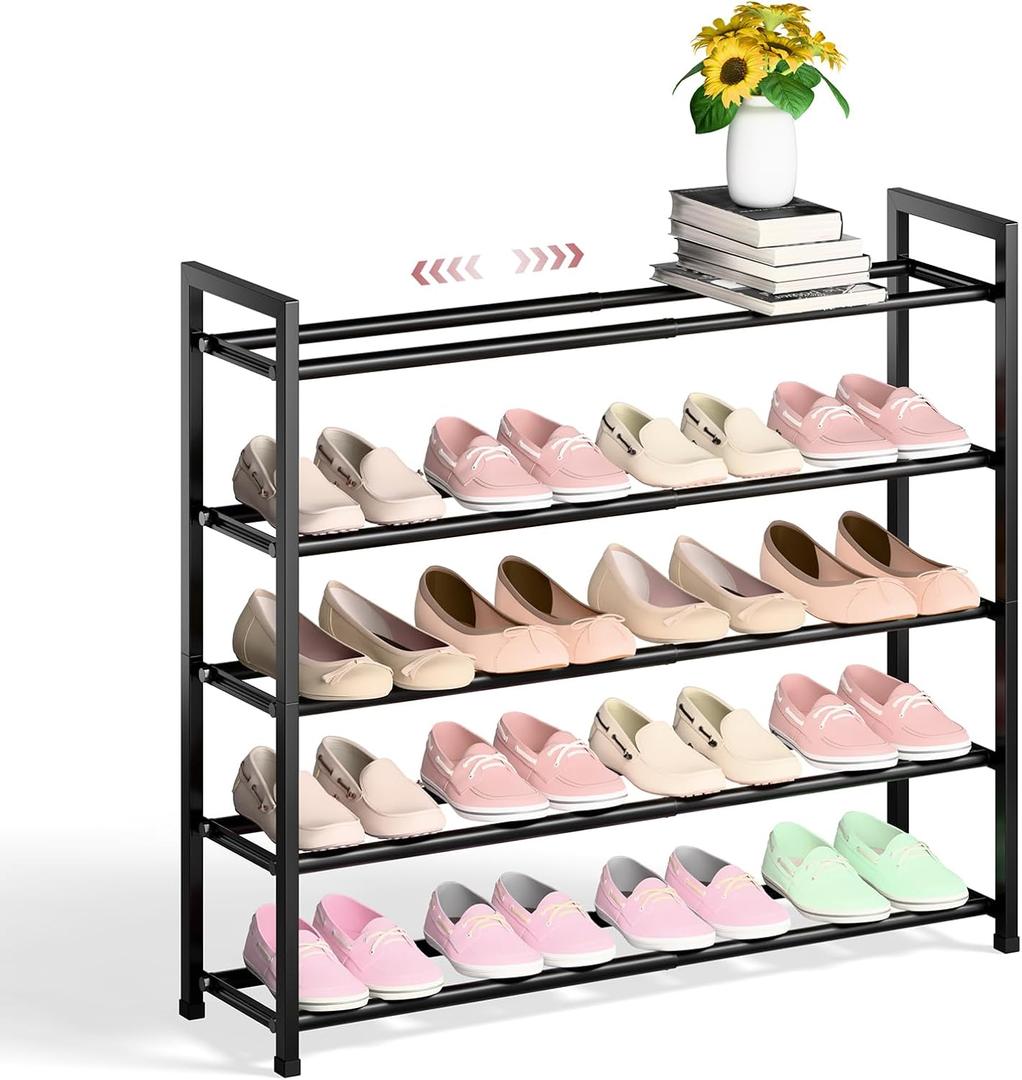 Bumusty 5-Tier Expandable Shoe Rack for Closet, 18-33 Adjustable Shoe Rack for Small Space, Small Shoe Organizer for Front Door, Sturdy Metal (Black)