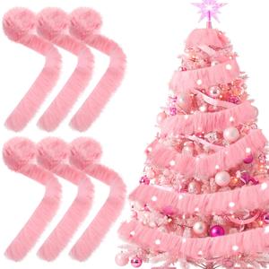 Chuangdi 6 Pcs 35 ft Pink Christmas Garland with Lights for Xmas Tree Decorations Pink Faux Fur Fabric Decor Christmas Tree Hanging Garland Faux Feather Decor for Holiday Indoor Outdoor Party Supplies