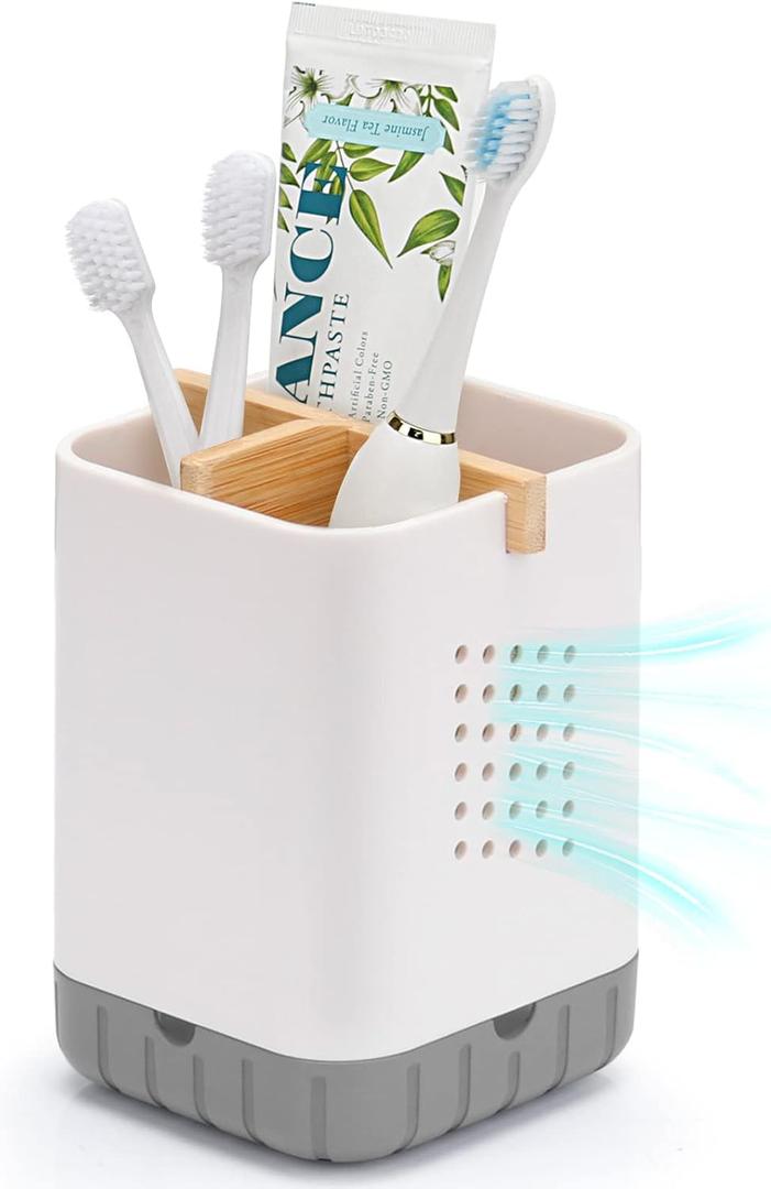 Boperzi Toothbrush and Toothpaste Holder with Bamboo Divider for Bathroom Countertop Organizer, Plastic Detachable Anti-Slip Large Electric Toothbrush Holders Storage Caddy Drainage for Family, Kids (White&gray)