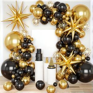 PartyWoo Black and Gold Balloon Arch Kit Garland 140pcs Different Sizes of 18 12 10 5 Inch Black Metallic Gold Confetti 22 Inch Star Balloons for Graduation Birthday New Year's Eve Party Decorations
