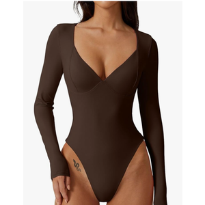 QINSEN Women's Long Sleeve Bodysuit V Neck Body Suits Seamed Cup Going Out Tops Shirt Size M