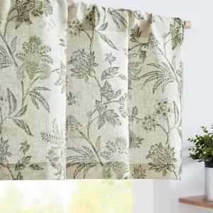 Vangao Linen Valance Curtain Farmhouse Cottage Floral Small Window Curtain Light Filtering for Kitchen Rustic Valance for Living Room Bedroom Rod Pocket 1 Panel Green on Beige 18"L x 50"W