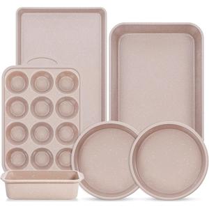 6 Pcs Baking Pans Set, Silicone Bakeware Sets with Metal Reinforced Frame, Nonstick Stackable Carbon Steel Non Toxic Baking Sets for Cooking (Brown)