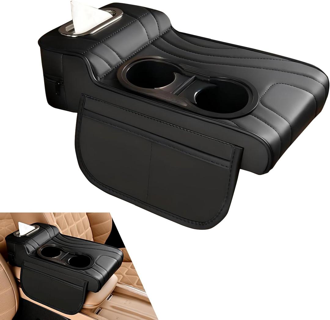 Car Center Console Cover, Microfiber Leather Car Armrest Cover, Multifunctional Armrest Storage Box with 2 Storage Bags, Cup Holders, Tissue Box Slot, Universal for Most Cars (Black)